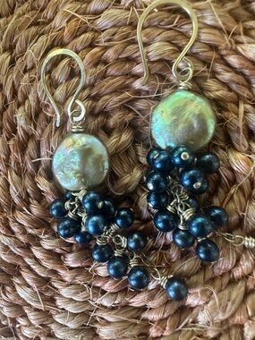 Handmade Gold and Peacock Black Pearl Cluster Drop Earrings